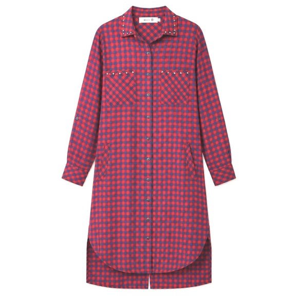 Billy T Tops - Billy T Shirt Dress Small Red Blue Plaid Studded High Low Button Roll Tab Sleeve